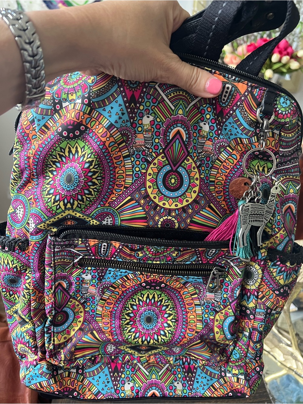 Boho Multicolor Mandala Backpack with Tassel Charm